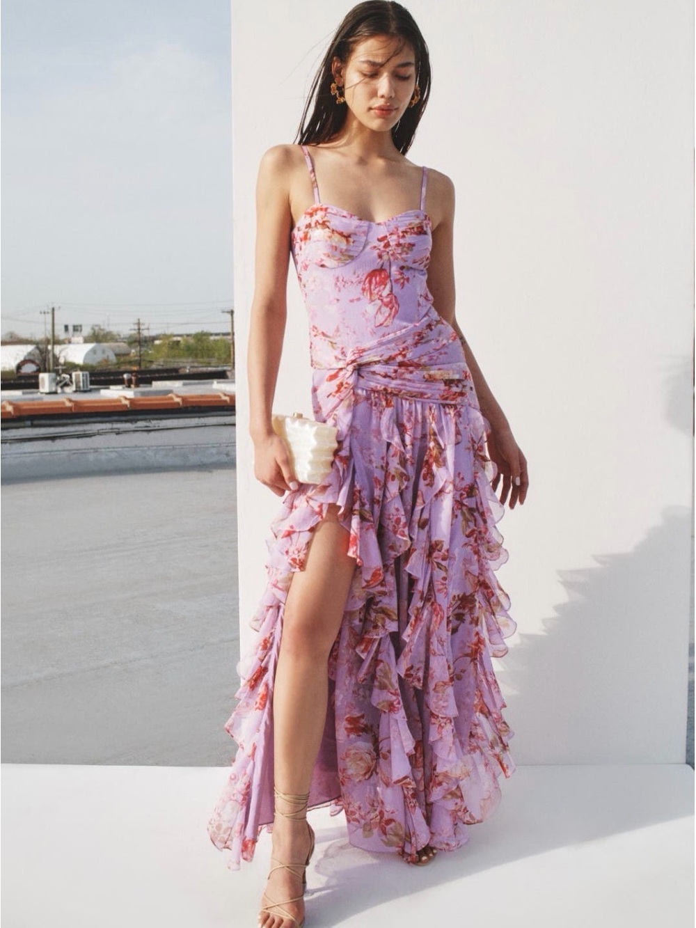 PatBO Lavender Floral Ruffle Maxi Dress - size 12 - NWOT
